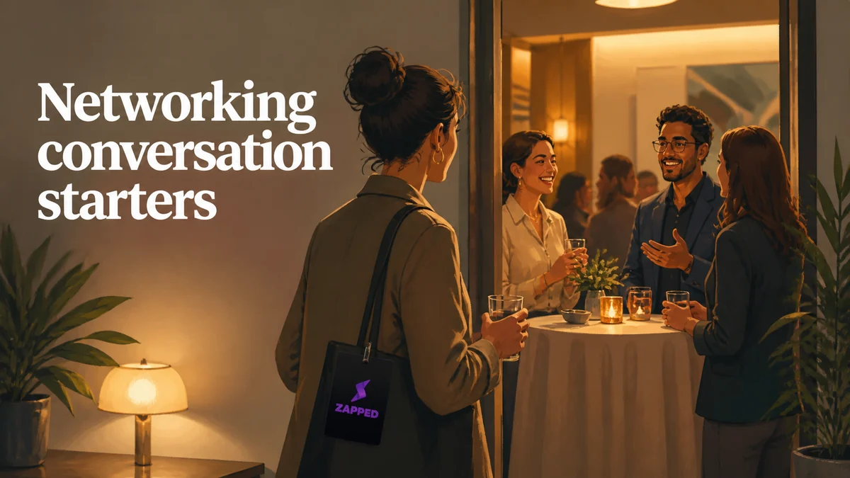Professional at a networking event choosing a natural conversation opener before joining a small group