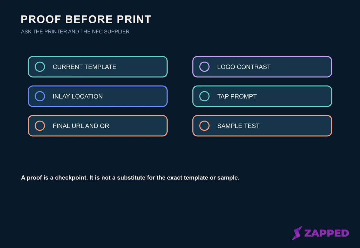 Proofing checklist for an NFC business card showing printer template, inlay confirmation, logo, prompt, QR, sample, and final approval