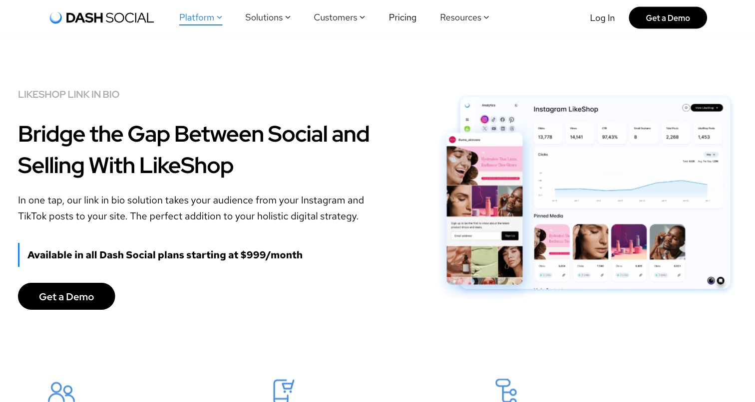 Dash Social LikeShop page showing social commerce link in bio positioning