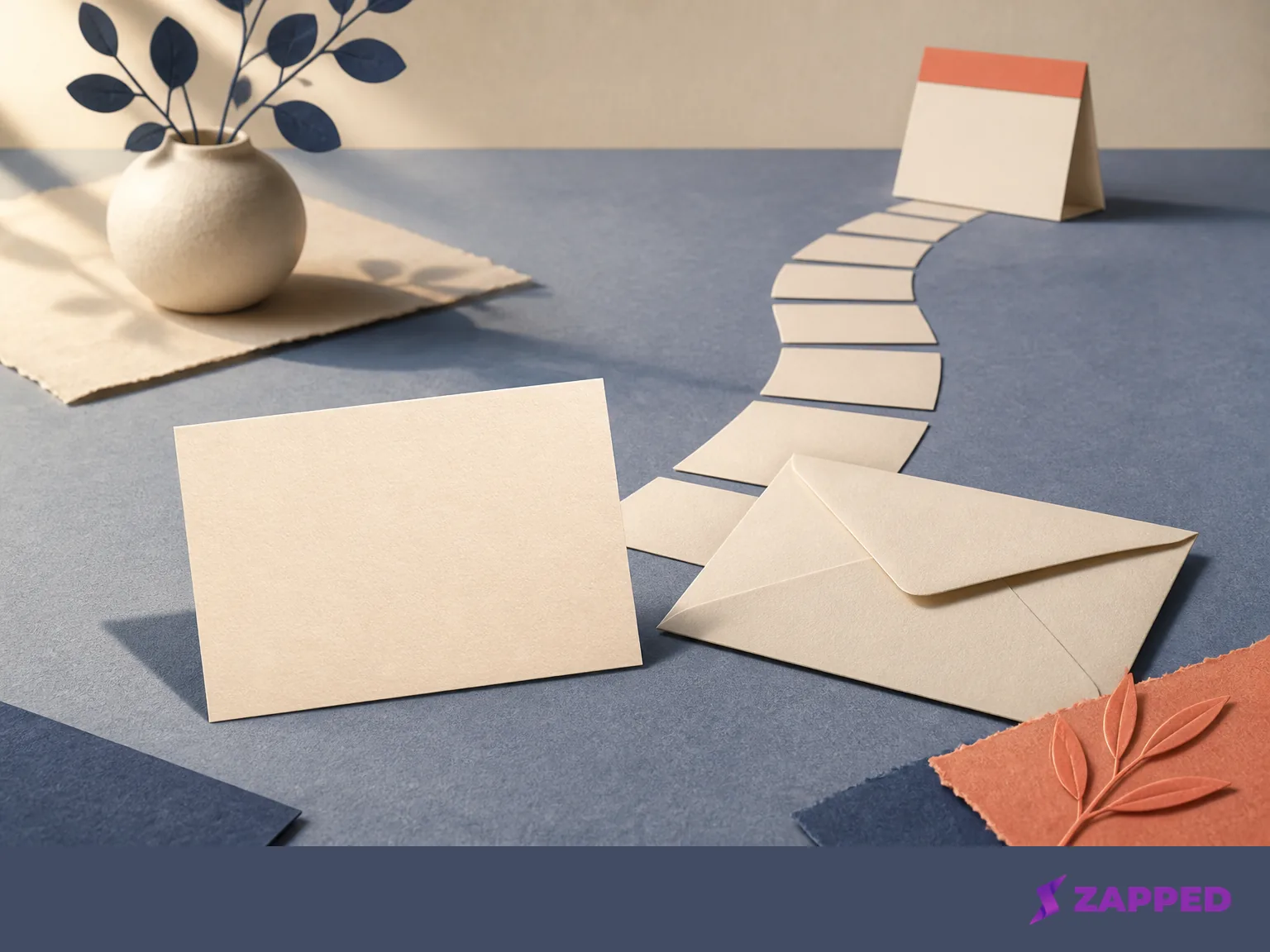 A blank contact card and message envelope follow a simple paper path toward a blank calendar shape