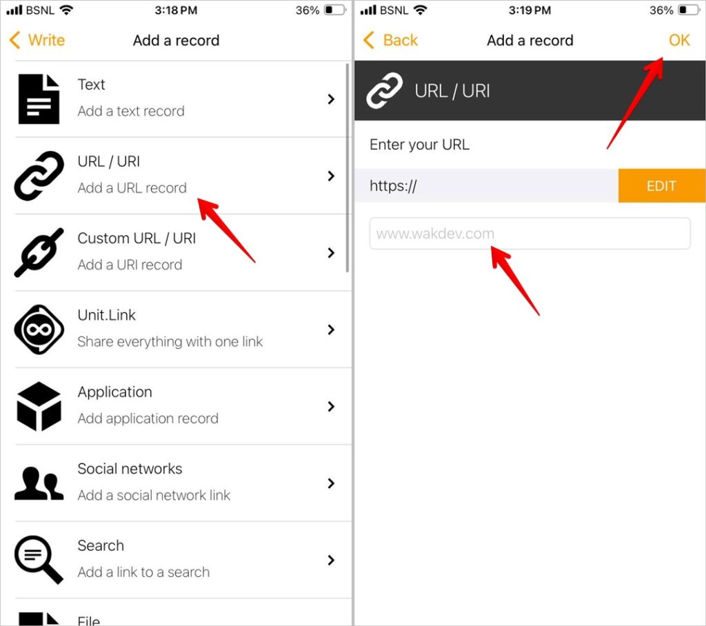NFC Tools URL record screen for writing a website link to an NFC tag
