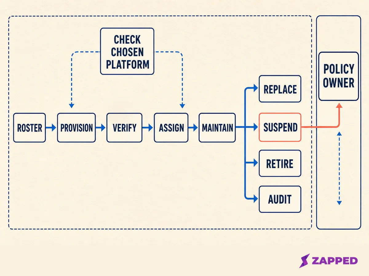 Team NFC card lifecycle from roster and provisioning through verification, assignment, maintenance, replacement, suspension, retirement, and audit