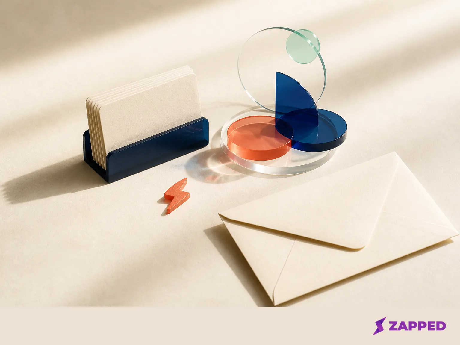 Unlabelled client cards, abstract analytics discs, and a billing envelope represent agency client control