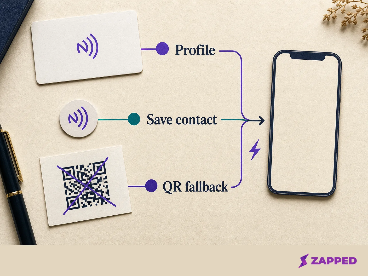 Conceptual route diagram showing a profile, QR fallback, and contact save path from an NFC card to a phone