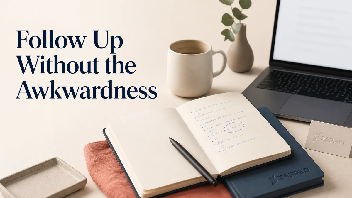 Open notebook beside a laptop with a networking contact note and a concise follow-up email draft