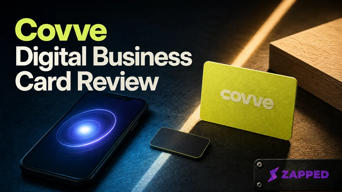 Editorial illustration of a digital business card moving from a phone to a contact card and a small NFC tile