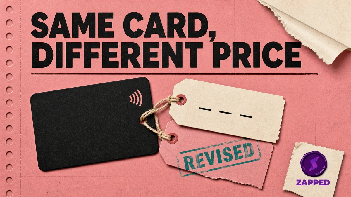 Editorial illustration of an NFC business card carrying two mismatched price tags, one stamped REVISED, showing an unreadable price rather than a number, representing unstable NFC card pricing