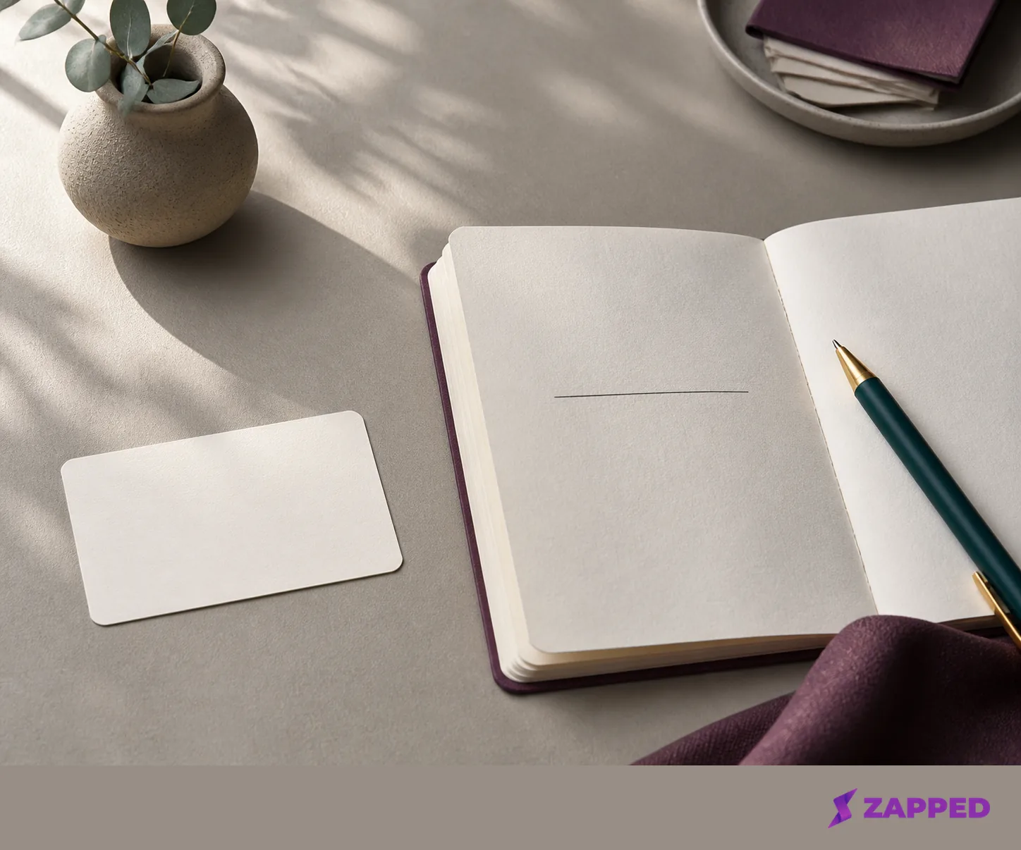 A blank contact card beside a notebook with one underlined detail and a pen