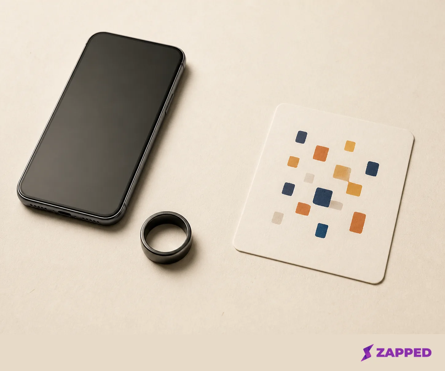 An NFC ring and smartphone beside a blank contact card with an abstract fallback mosaic