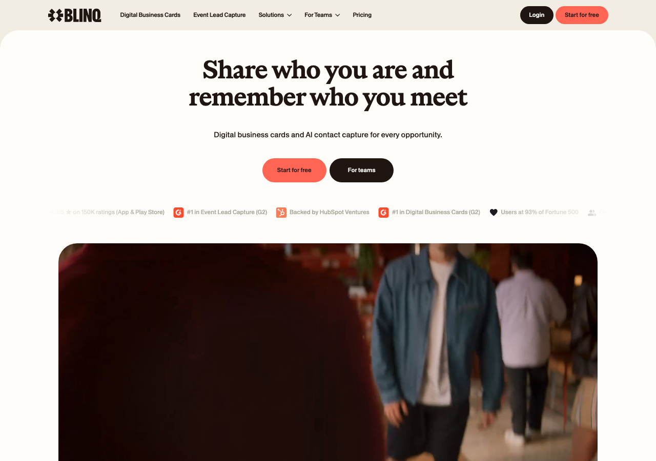 Blinq homepage showing digital business card positioning and a phone card preview