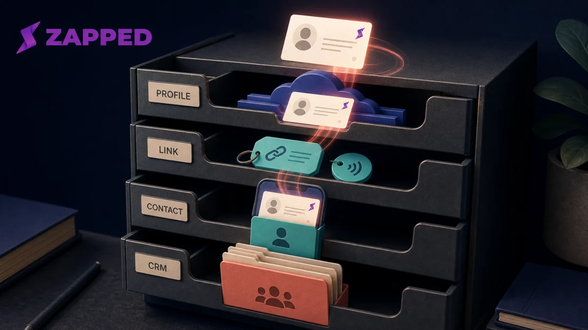 Editorial filing system showing a digital business card profile moving into a phone contact and a team CRM