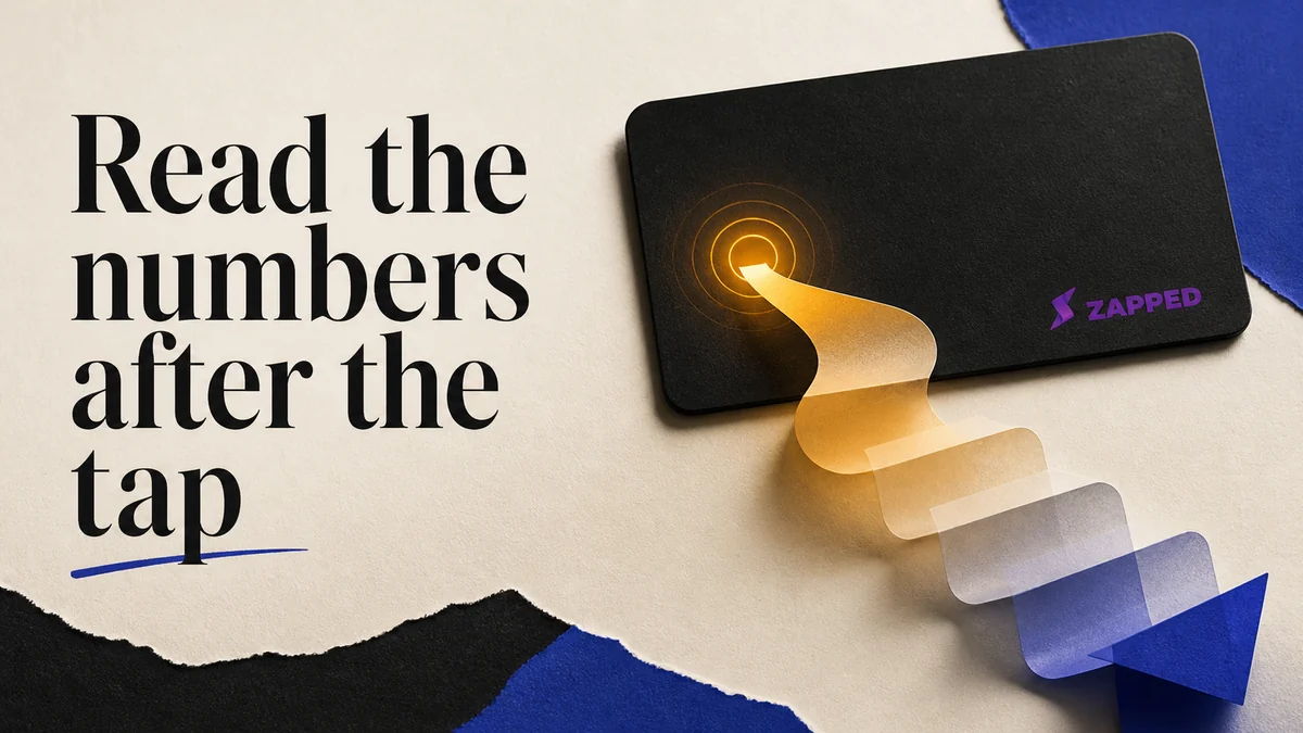 NFC business card beside an abstract analytics path from tap to view to action