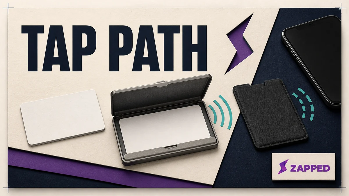 NFC business card beside an open holder with a phone nearby