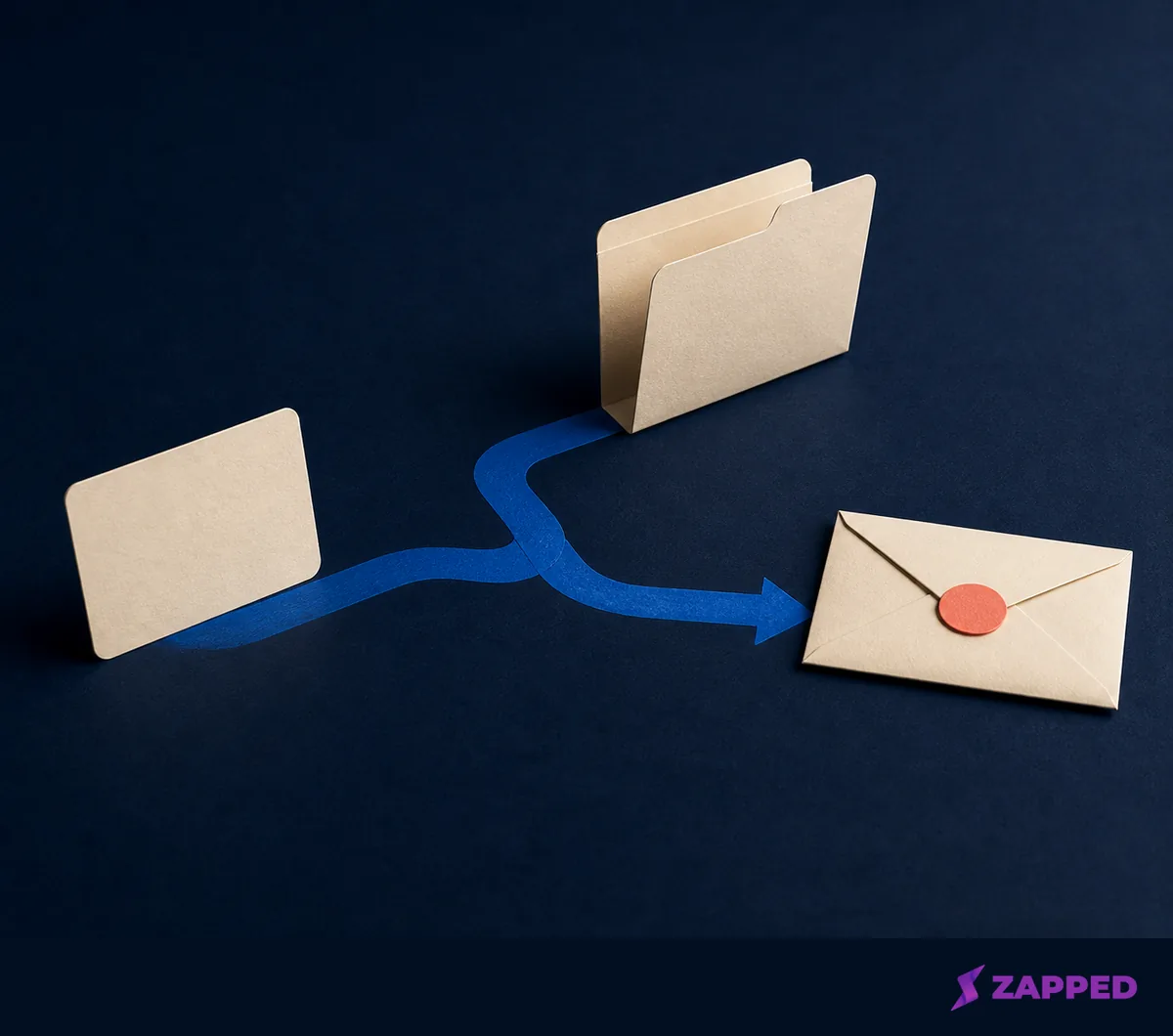 Editorial illustration of a blank contact card moving toward a folder and a closed account envelope, suggesting export and deletion checks.