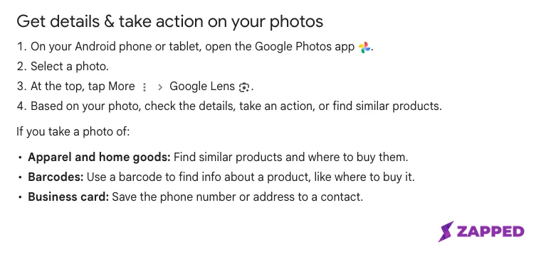 Screenshot of the Google Photos Help page describing Google Lens saving a phone number or address from a business card photo to a contact