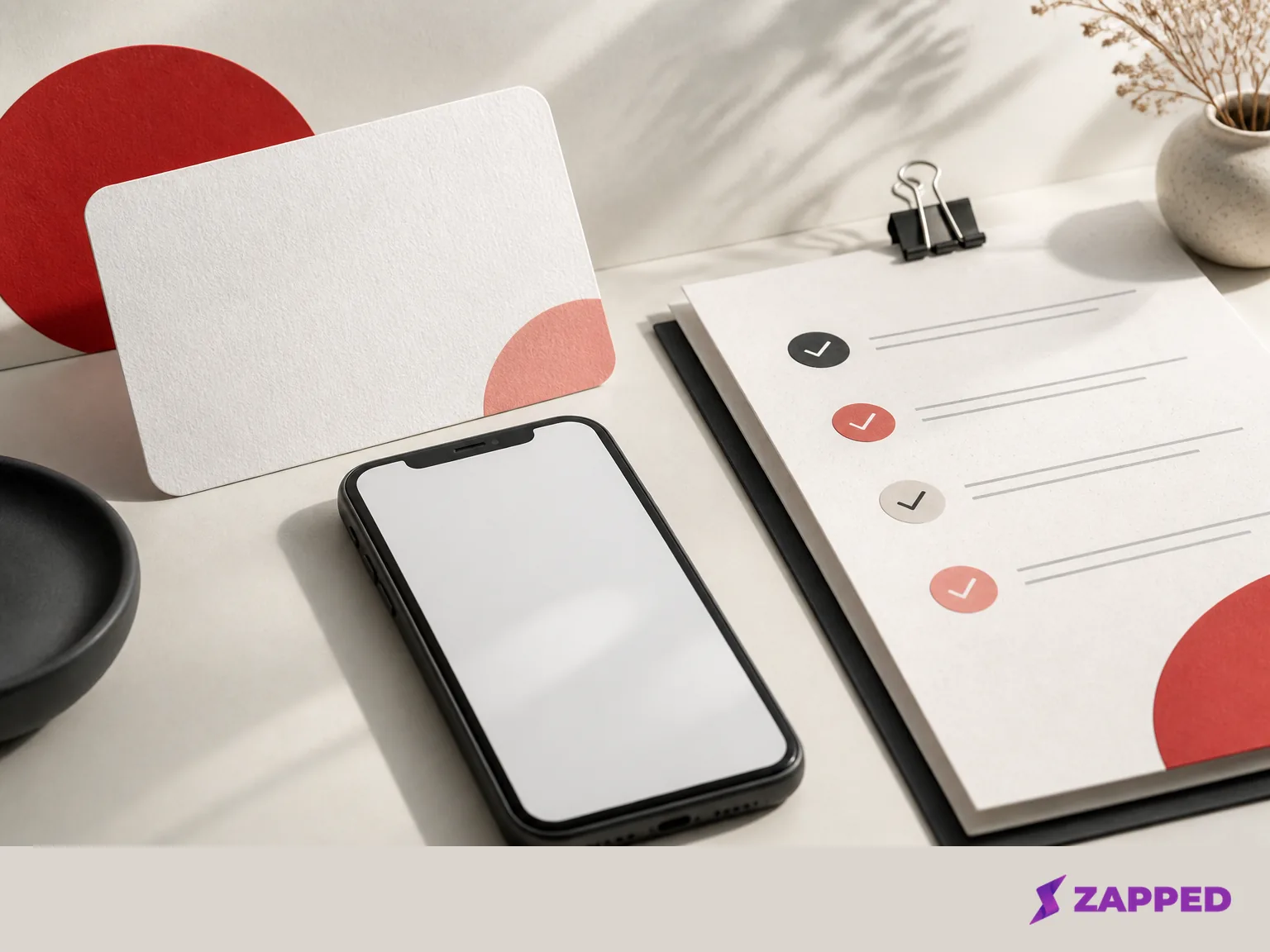 Desk level release check with a blank brand asset card, phone, and neutral check marks