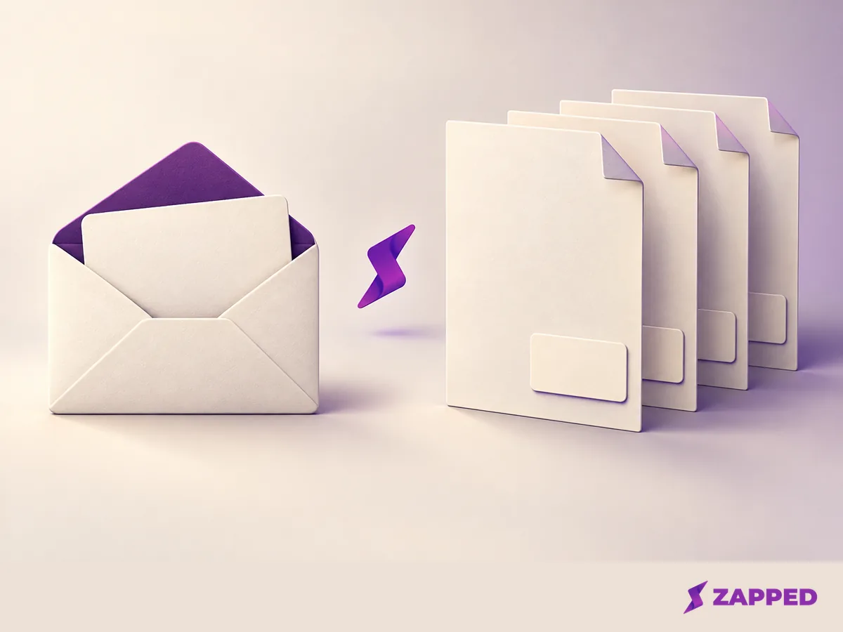 One envelope holding a blank contact card sits beside repeated pages with matching blank card tiles, representing an attachment in one message and a recurring signature.