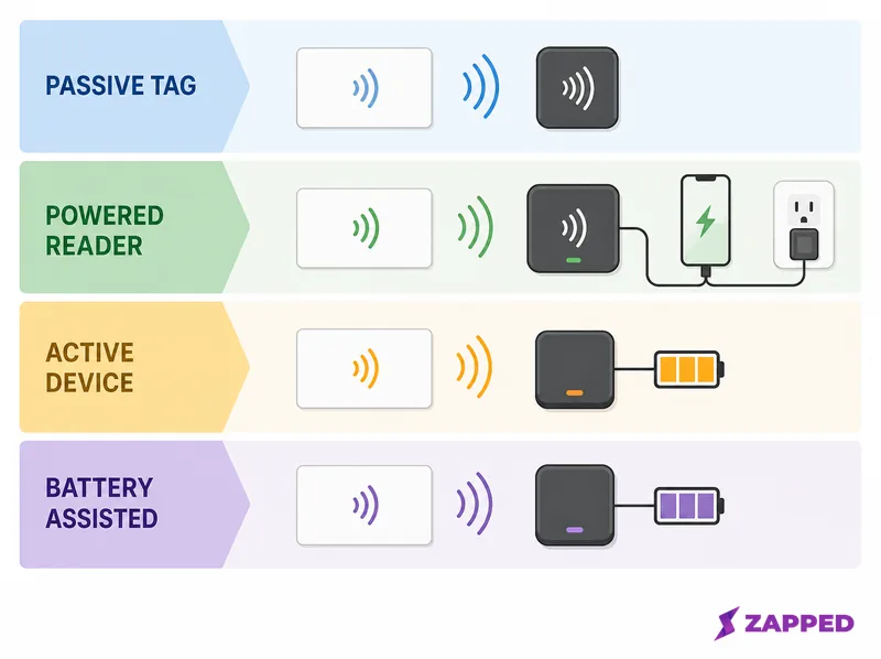 Comparison diagram showing a passive tag, a powered reader with an external power source, an active device, and a battery assisted exception