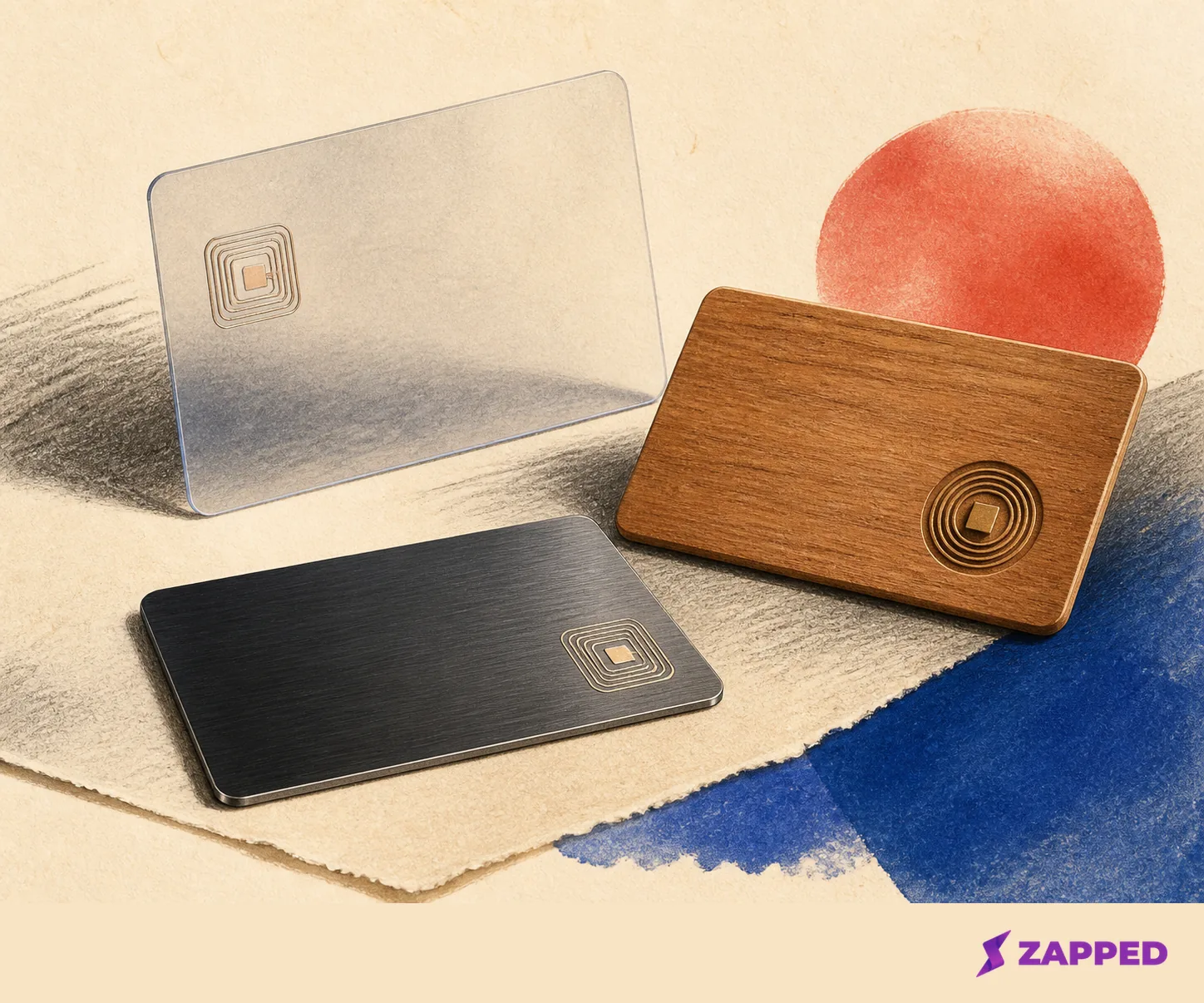 Unlabelled NFC business card examples in translucent PVC, wood, and brushed metal finishes.