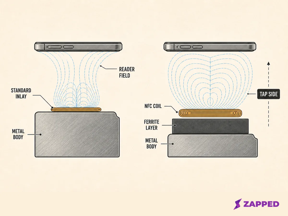 Metal body, NFC coil, ferrite layer, reader field, and marked tap side