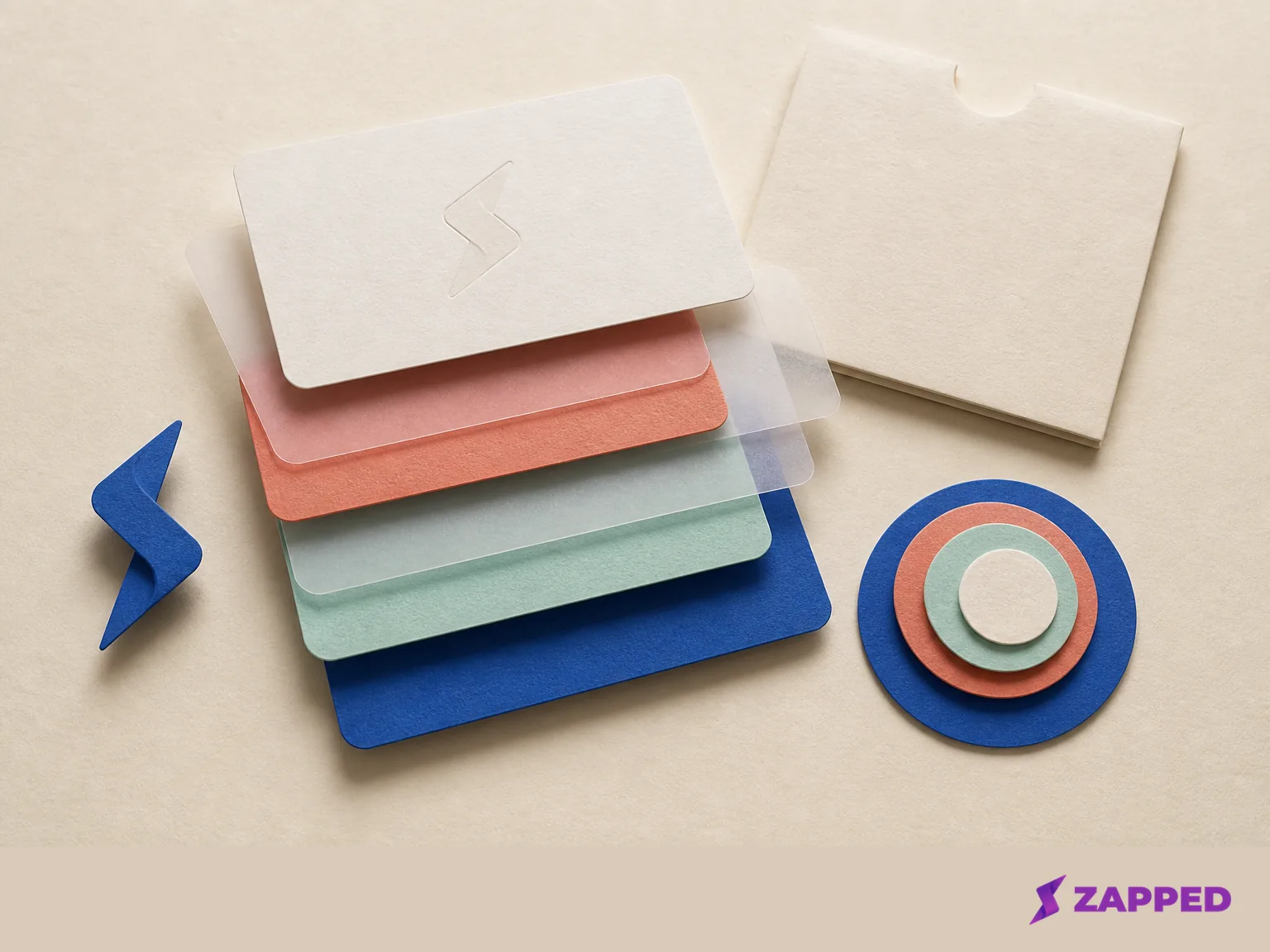 Stacked blank business cards and abstract paper layers suggest brand, domain, client control, and billing