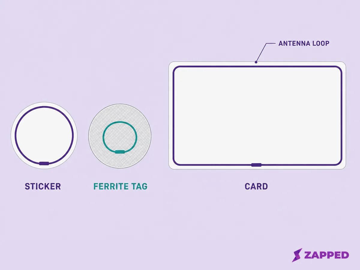 Diagram comparing the relative antenna size of an NFC sticker, a ferrite tag, and a full size NFC business card