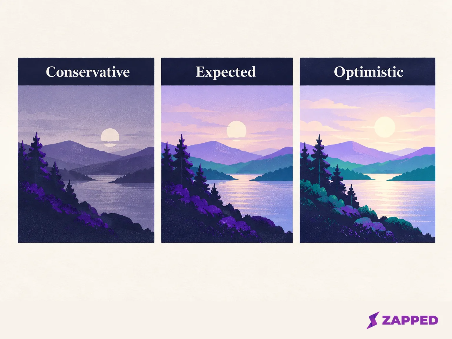 Conservative, expected, and optimistic event ROI scenarios appear in three equal panels.
