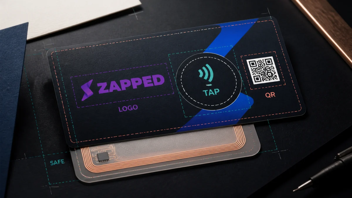Editorial NFC business card layout showing a logo, tap prompt, QR fallback, trim, bleed, and safe area