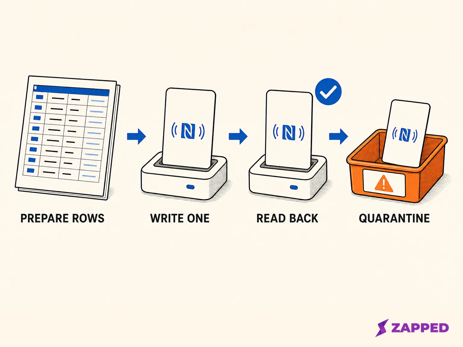 Conceptual flow from ordered source rows through one write, read back, and quarantine.