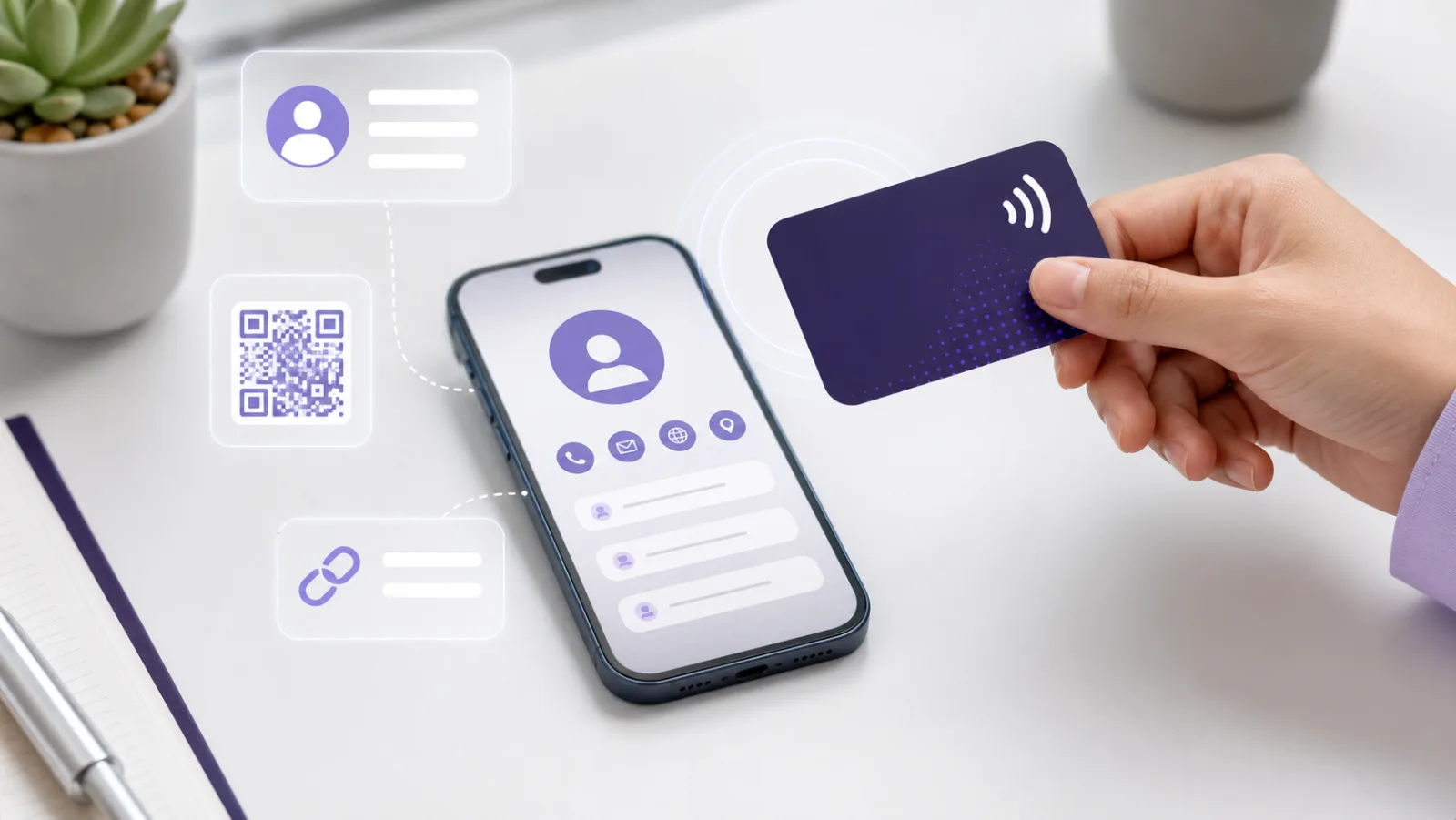 NFC card, QR code, and digital profile workflow on a smartphone