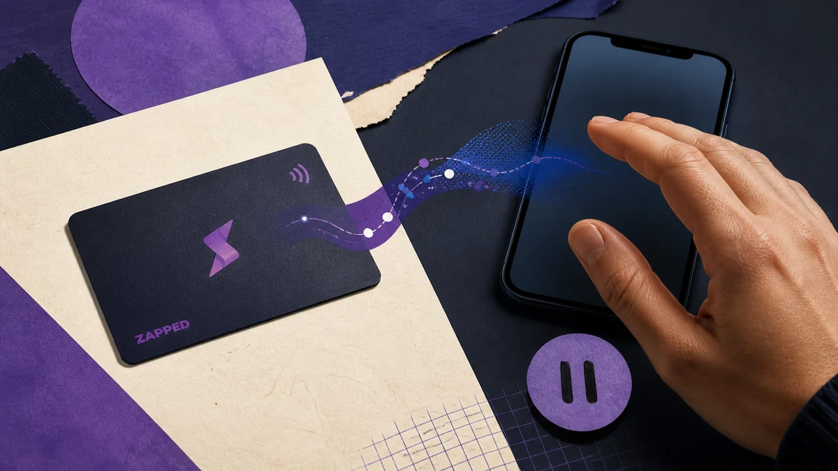 A professional NFC business card beside a phone, with an abstract web path and the recipient pausing before continuing