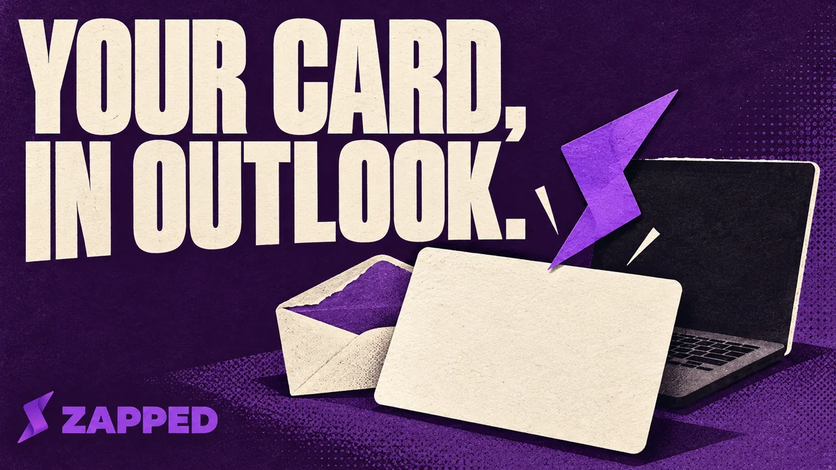 A blank contact card beside an open envelope and a simple laptop silhouette.