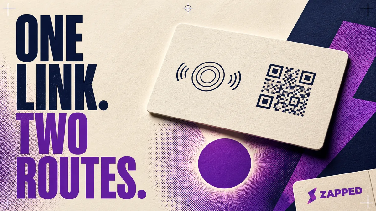 Conceptual business card with an NFC tap marker and an abstract QR pattern leading to one blank public destination symbol.