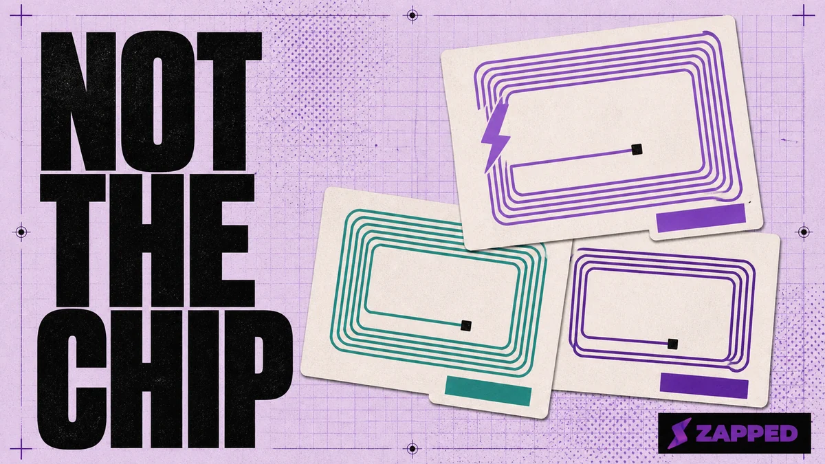 Three identical blank NFC cards, each carrying the same small chip square, with the antenna loop inside each one drawn at a different geometry as the part that actually differs