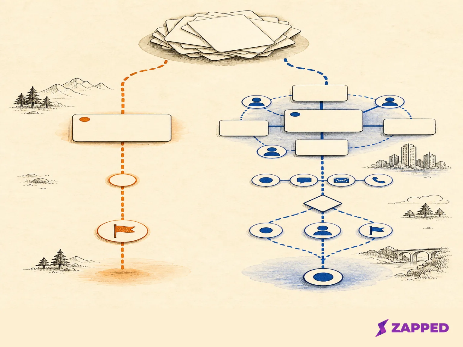 A conceptual comparison map showing a simple lightweight contact-manager path and a branching CRM path from a shared stack of blank contact cards