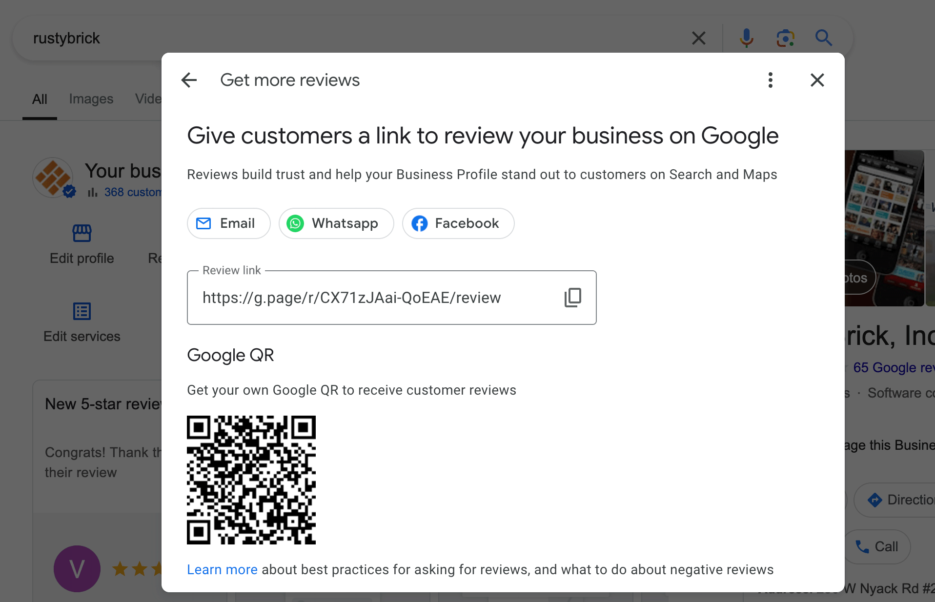 Google Business Profile Get more reviews dialog showing review link and QR code