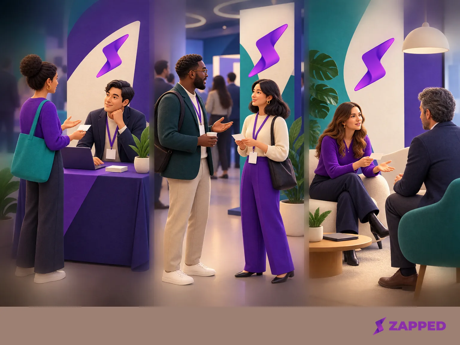 Illustrated triptych showing a career fair conversation, a conference introduction, and a client conversation.