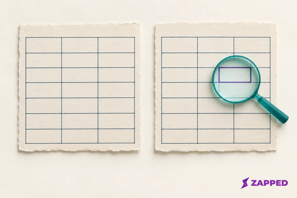 Two blank paper grids sit side by side, with one empty cell under a magnifier for a source and CSV check
