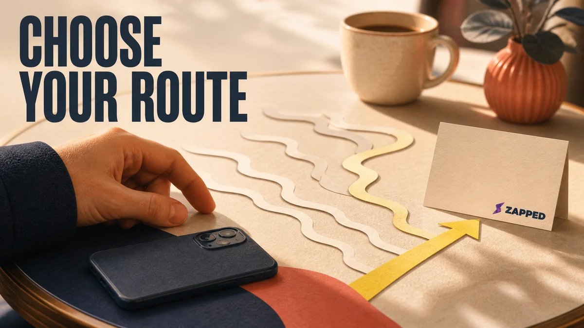 A professional choosing between a phone and a blank contact card before a networking event