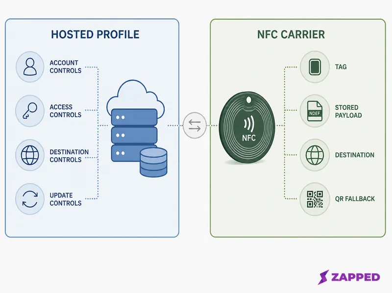 Diagram separating hosted profile software from the NFC carrier, showing the account and profile on one side and the tag, NDEF payload, destination, and QR fallback on the other.