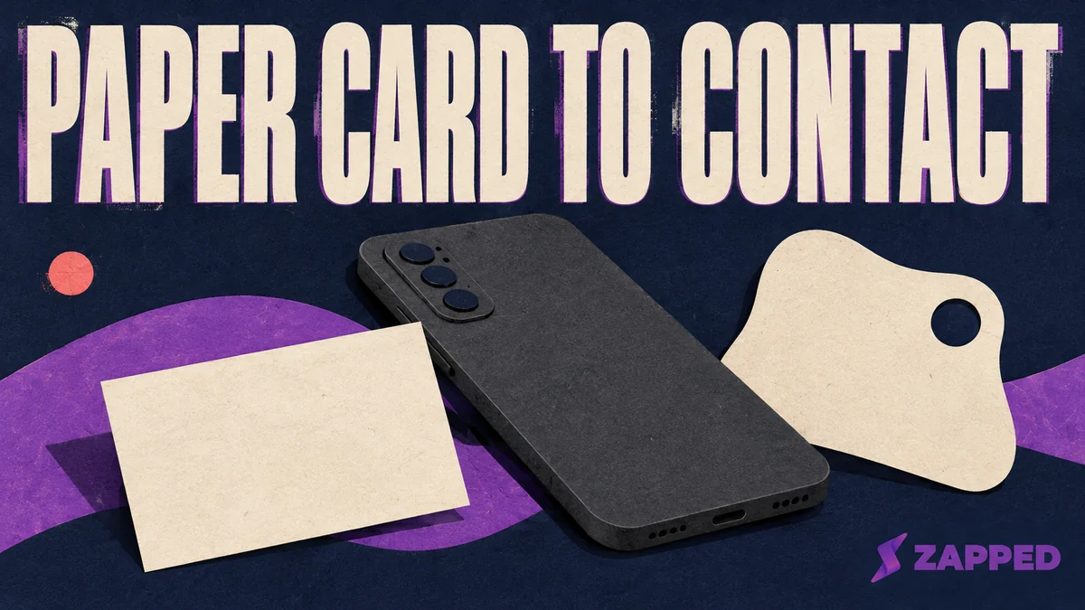 An unlabelled paper business card beside an Android phone and a separate contact-card shape, suggesting capture and contact entry.