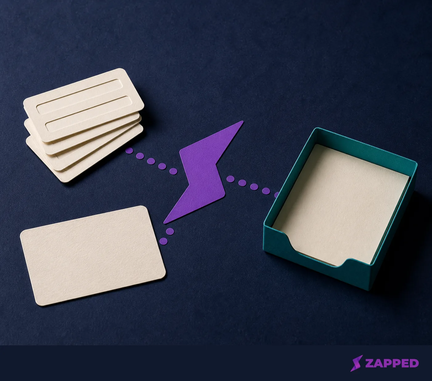 Blank form fields, a contact card, and a destination tray arranged around a decision point