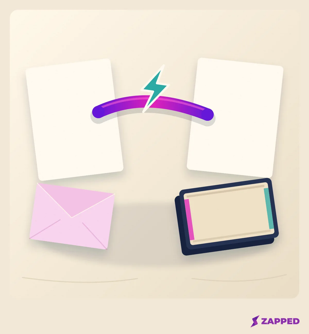 Editorial illustration of blank source and recipient cards linked by a handoff ribbon beside a thank-you note and closed notebook.