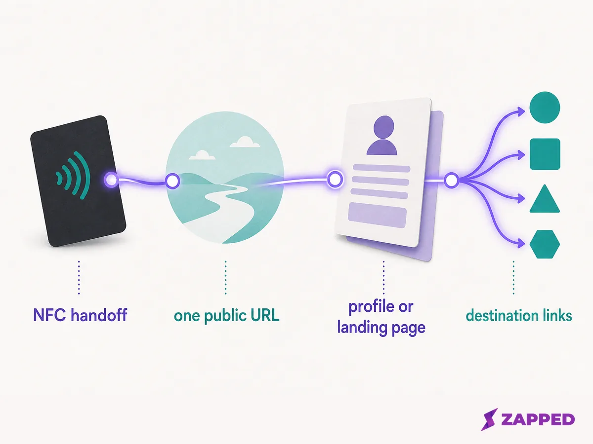 Conceptual NFC route from one handoff through a public URL and profile page to destination links