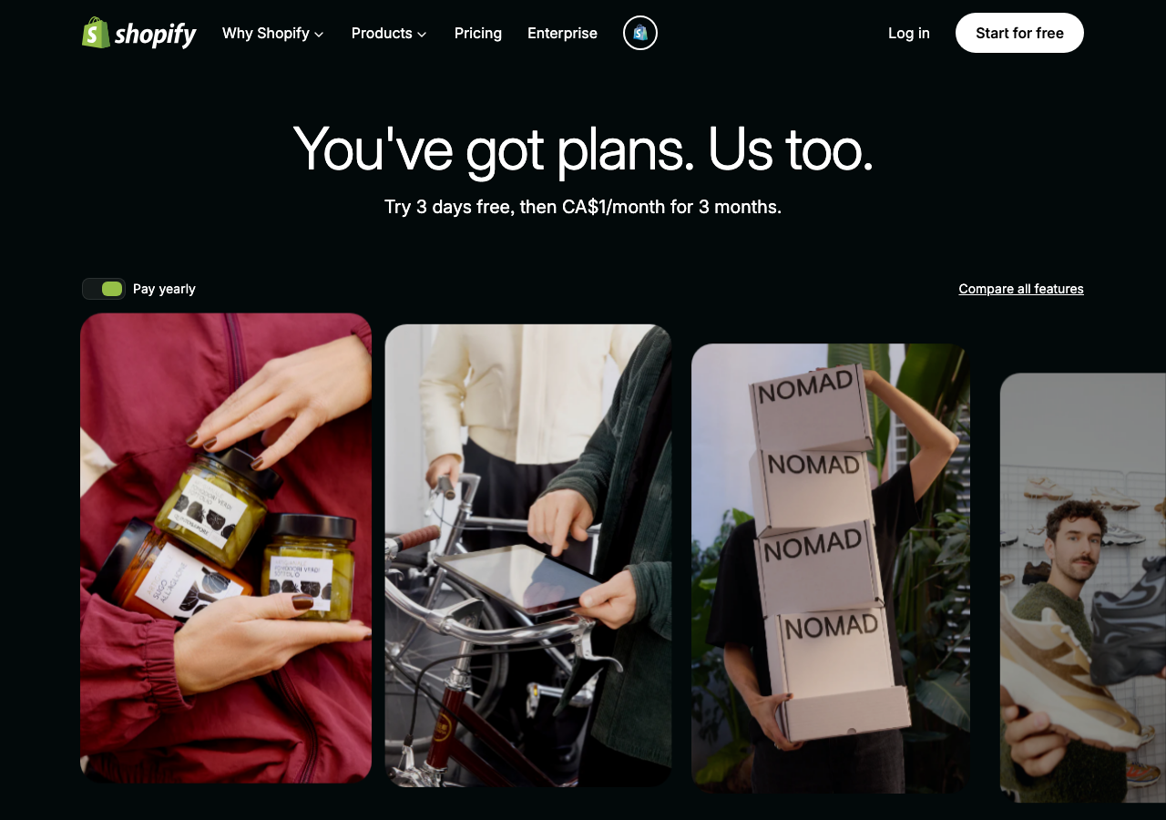 Shopify pricing page showing plan options for ecommerce stores
