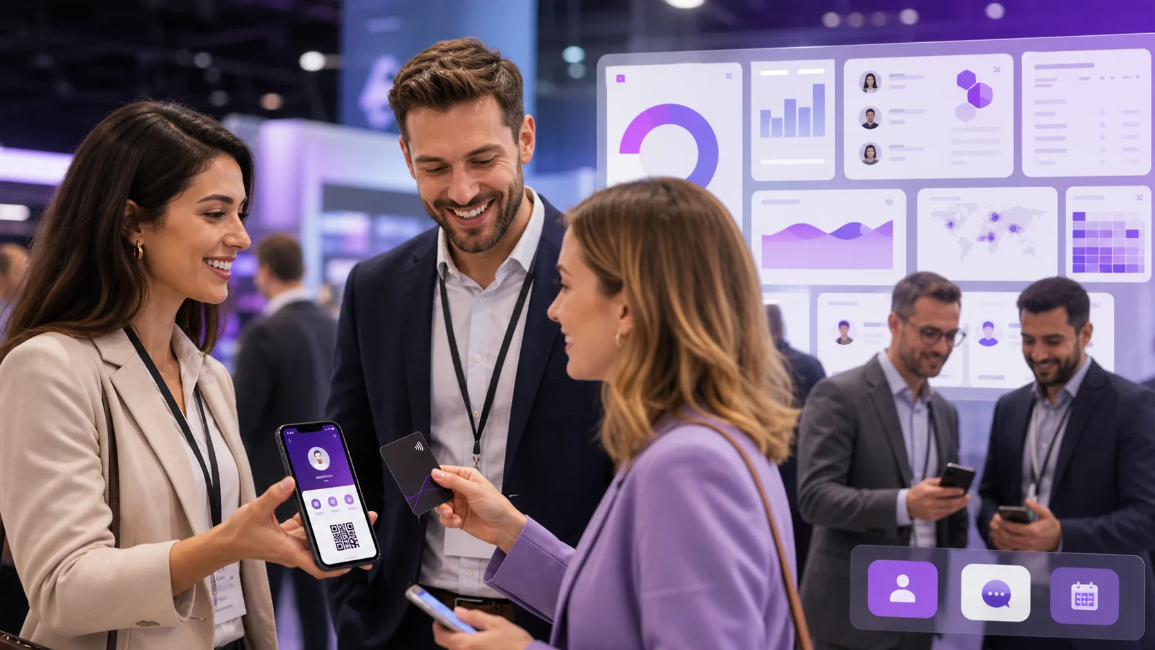 Business team sharing a virtual card with event analytics and mobile profile