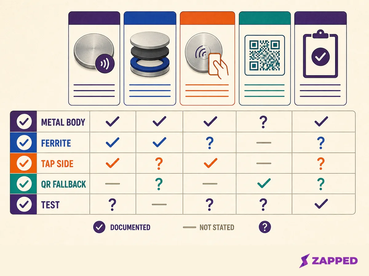 Product specification comparison showing metal body, isolation layer, tap side, QR fallback, and documented fields, not a reliability test