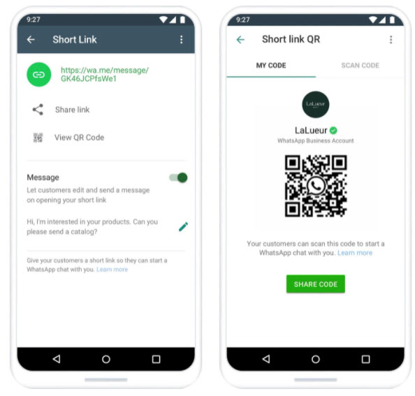 WhatsApp Business short link and QR code screens