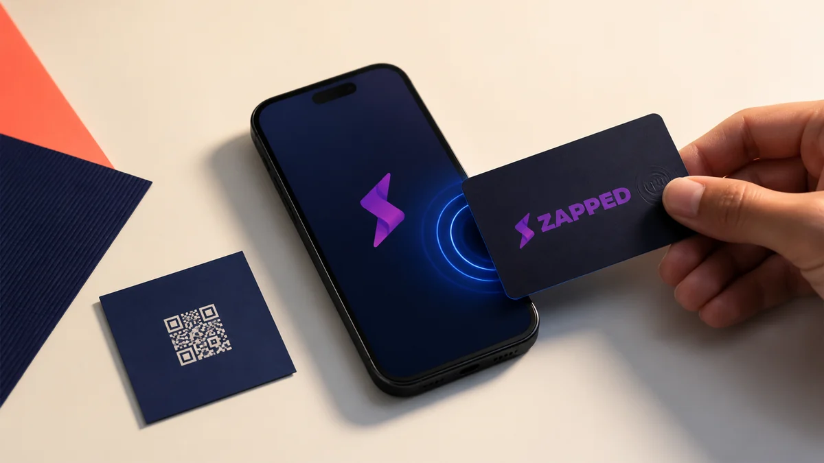A clean NFC business card layout beside a phone, with a marked tap point, QR fallback, short URL, and clear next action