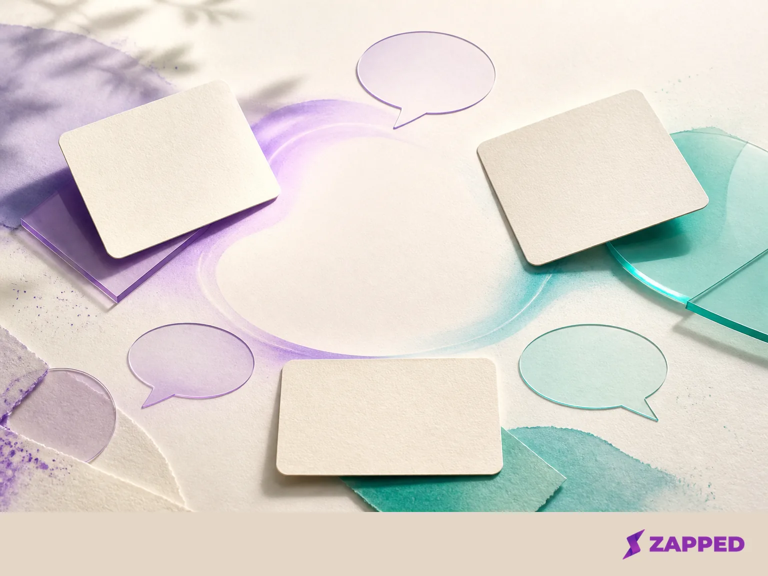 Conceptual conversation framework with three blank cards and speech shapes suggesting name, role, and context